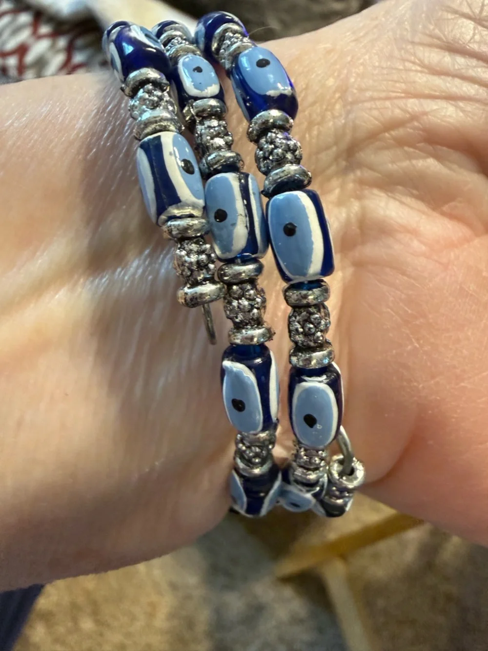 Blue & White Beaded Wrap Bracelet Silver Tone Multi Strand